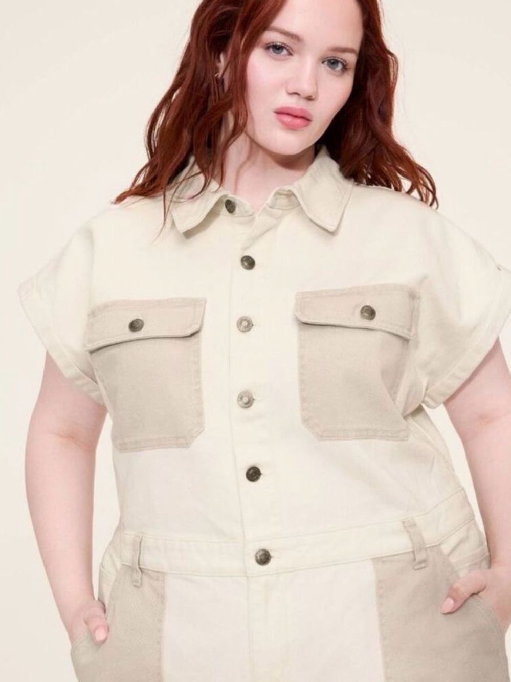 Neutral Two-Tone Utility Button-Front jumpsuit